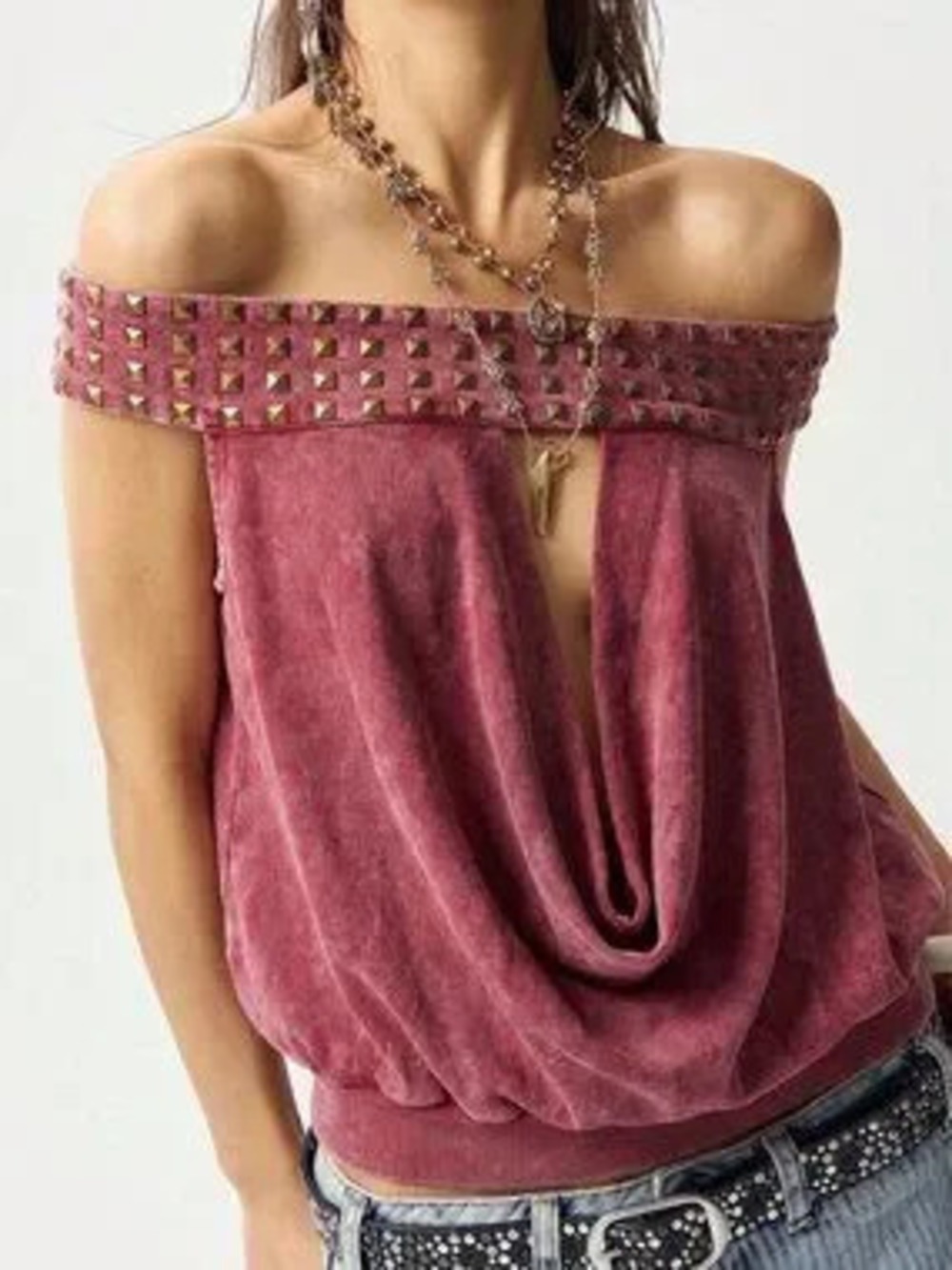 Red Casual Women's Sexy Street Chic Off-Shoulder Rivet Decor Hollow T-Shirt